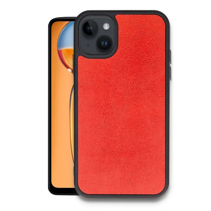 Mey İthalat®   iPhone 15 Kılıf Aras Deri Kapak - Kırmızı
