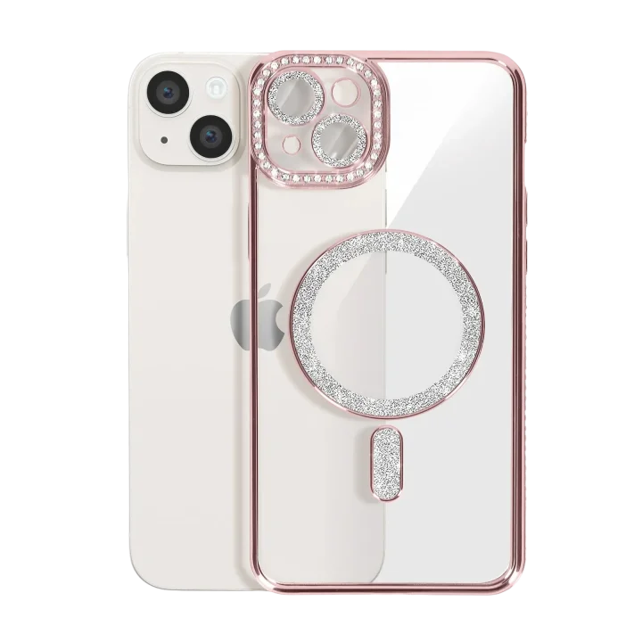 Mey İthalat®  iPhone 15 Kılıf Joke Simli Magneticsafe Kılıf - Pembe