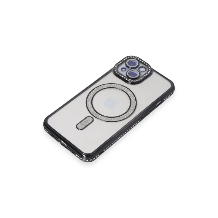 Mey İthalat®  iPhone 15 Kılıf Joke Simli Magneticsafe Kılıf - Siyah