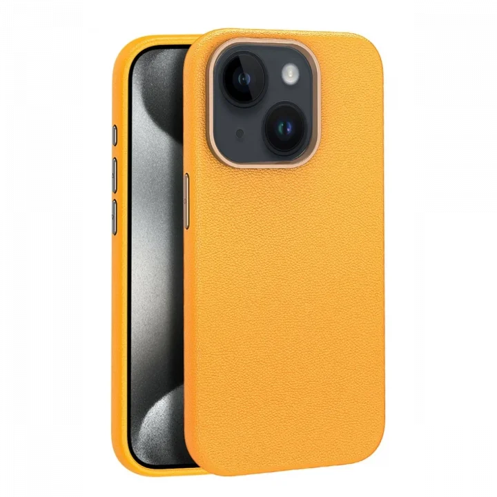 Mey İthalat®  iPhone 15 Kılıf Wonder Deri Magsafe Kapak - Turuncu
