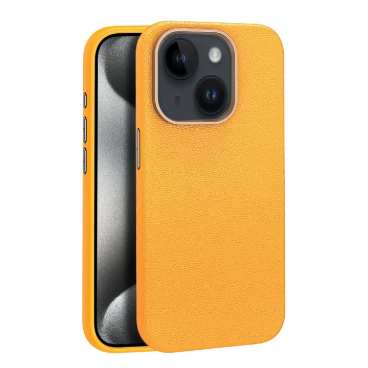 Mey İthalat®  iPhone 15 Kılıf Wonder Deri Magsafe Kapak - Turuncu