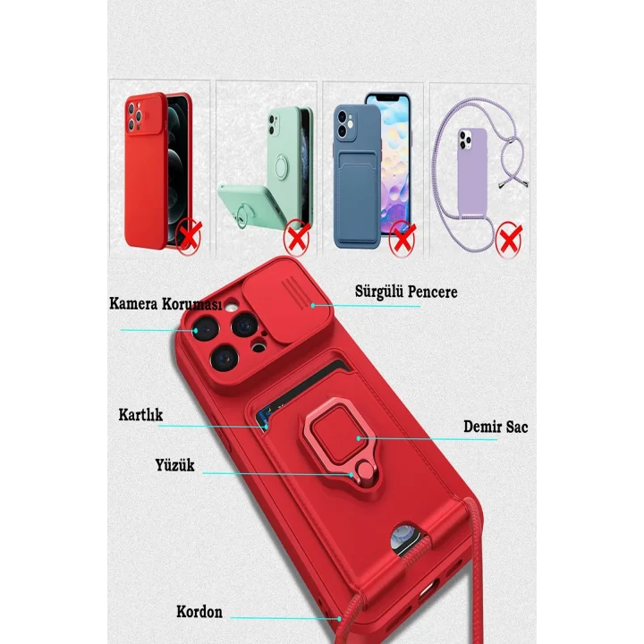 Mey İthalat®  iPhone 15 Kılıf Zuma Kartvizitli Yüzüklü Silikon - Pembe