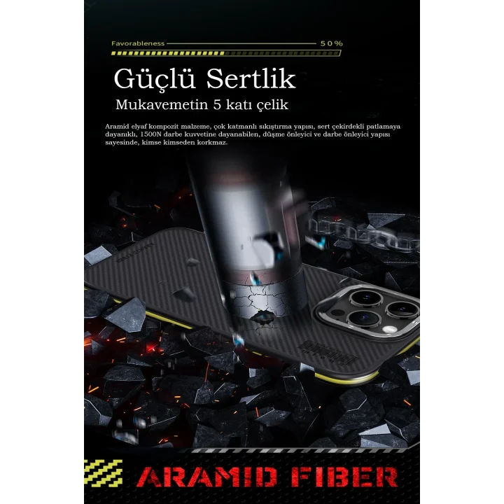 Mey İthalat®   iPhone 15 Pro Kılıf Aramid 600D Kevlar Karbon Fiber Magsafe Kapak - Sarı