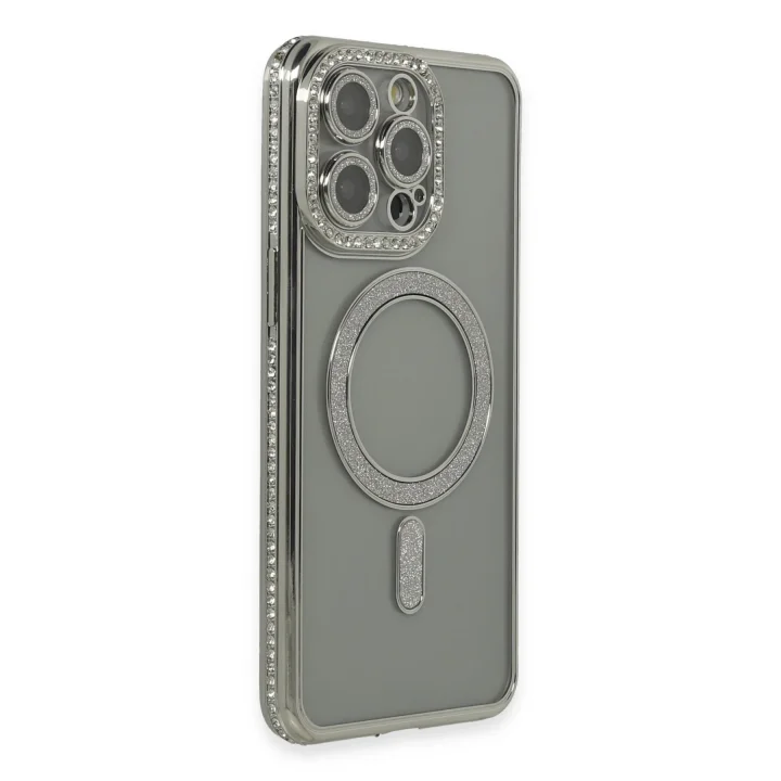 Mey İthalat®  iPhone 15 Pro Kılıf Joke Simli Magneticsafe Kılıf - Gri