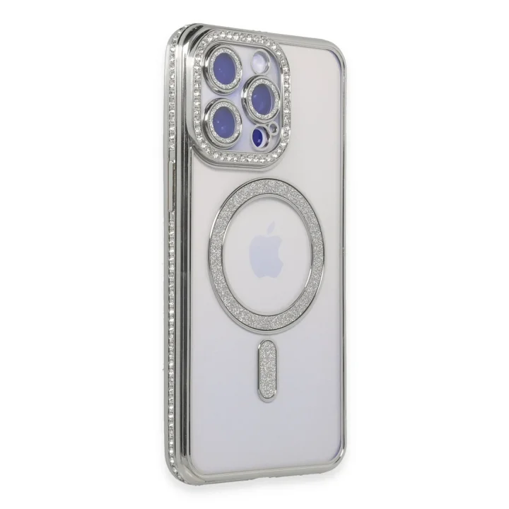 Mey İthalat®  iPhone 15 Pro Kılıf Joke Simli Magneticsafe Kılıf - Gümüş