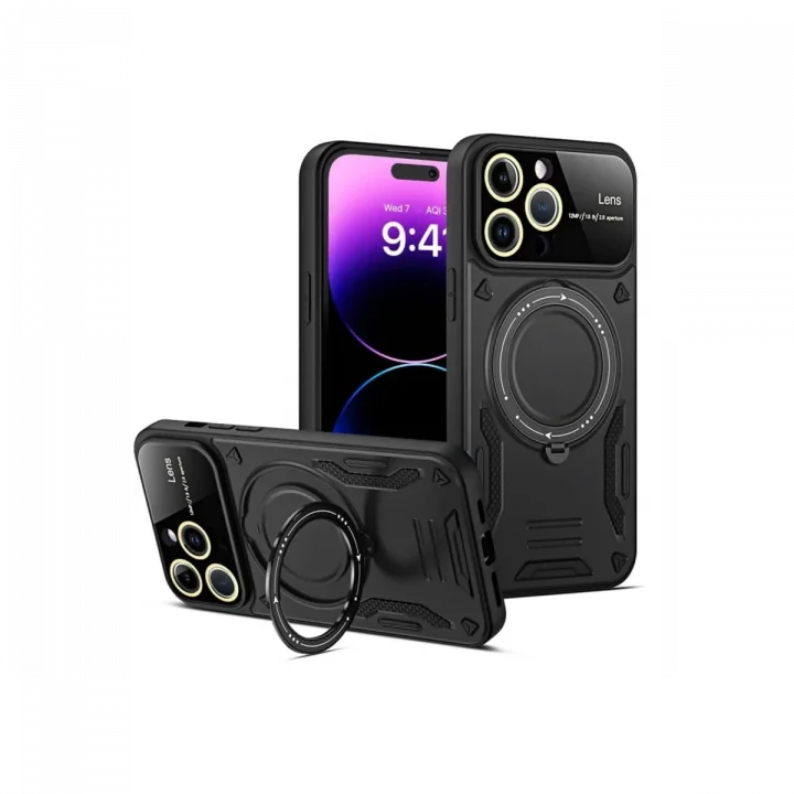 Mey İthalat®  iPhone 15 Pro Kılıf Joy Lens Standlı Kapak - Siyah