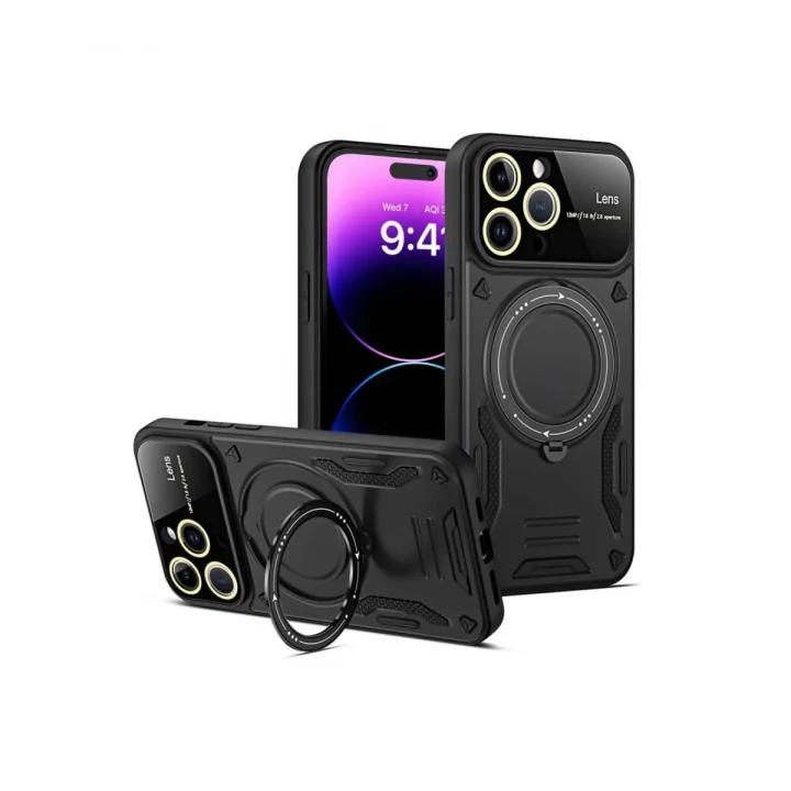 Mey İthalat®  iPhone 15 Pro Kılıf Joy Lens Standlı Kapak - Siyah