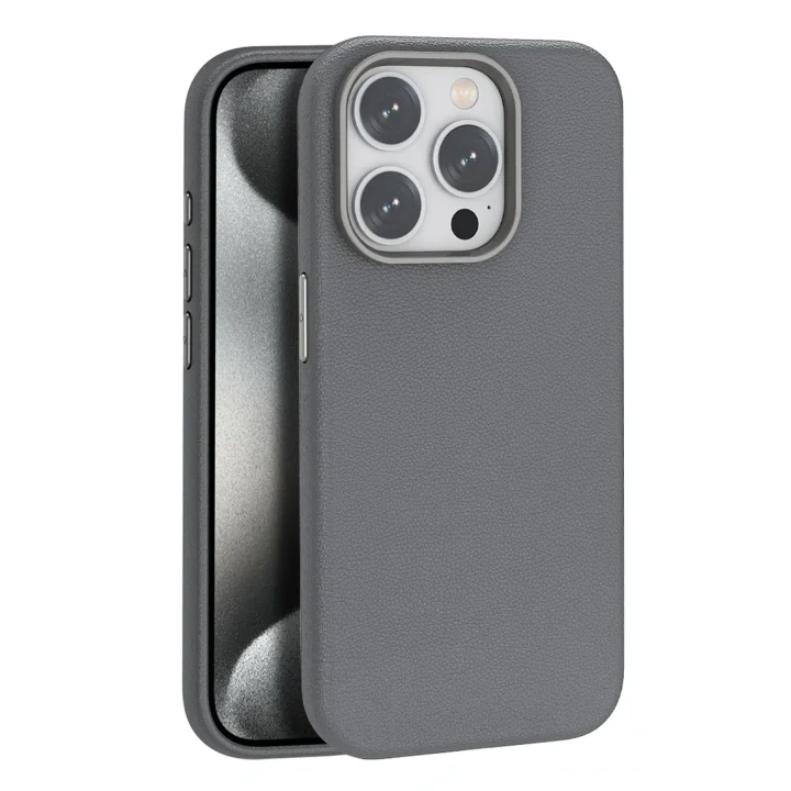 Mey İthalat®  iPhone 15 Pro Kılıf Wonder Deri Magsafe Kapak - Titan Gri
