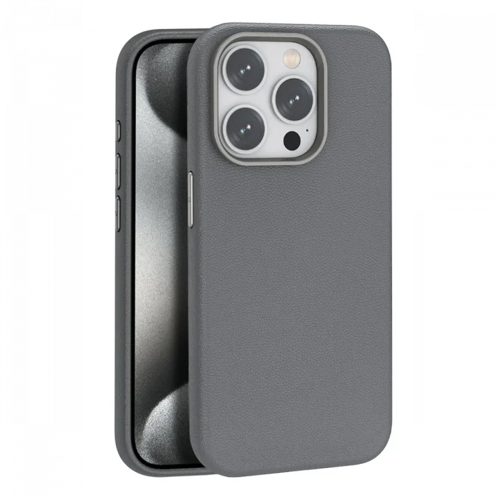 Mey İthalat®  iPhone 15 Pro Kılıf Wonder Deri Magsafe Kapak - Titan Gri
