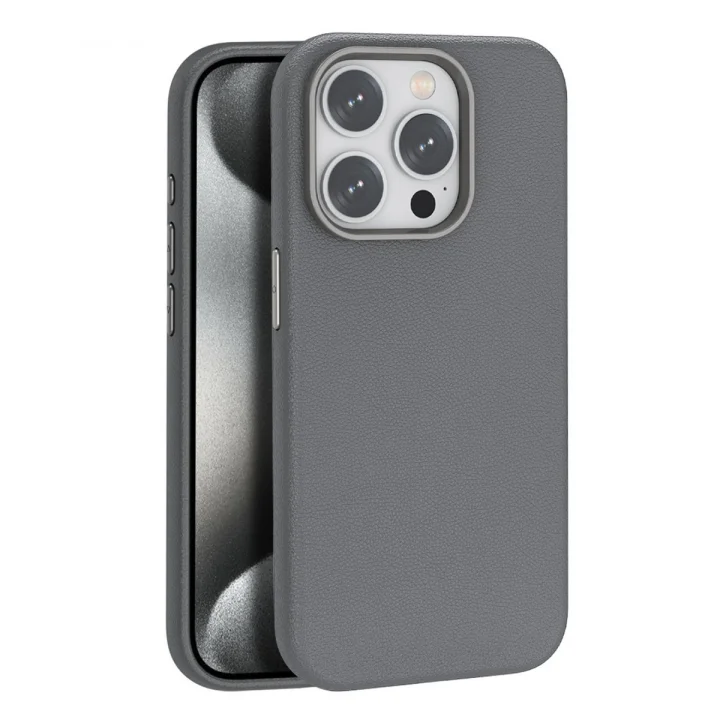 Mey İthalat®  iPhone 15 Pro Kılıf Wonder Deri Magsafe Kapak - Titan Gri