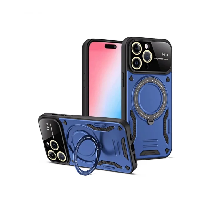 Mey İthalat®  iPhone 15 Pro Max Joy Lens Standlı Kapak - Lacivert