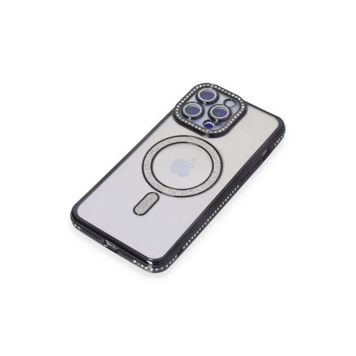 Mey İthalat®  iPhone 15 Pro Max Kılıf Joke Simli Magneticsafe Kılıf - Siyah