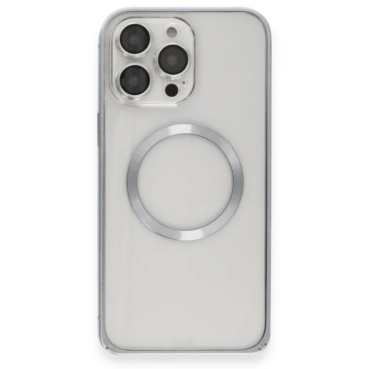 Mey İthalat®  iPhone 15 Pro Max Kılıf Metal Bumper Magneticsafe Kapak - Gri