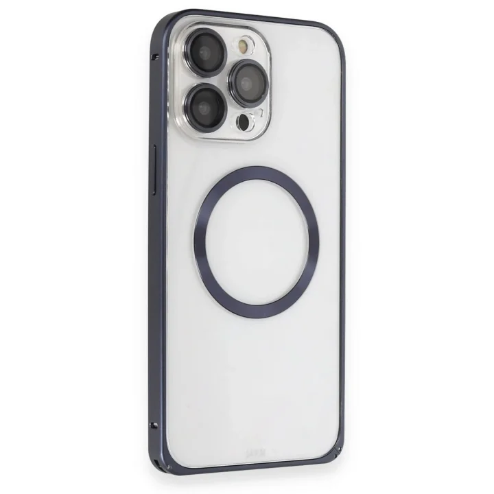 Mey İthalat®  iPhone 15 Pro Max Kılıf Metal Bumper Magneticsafe Kapak - Lacivert