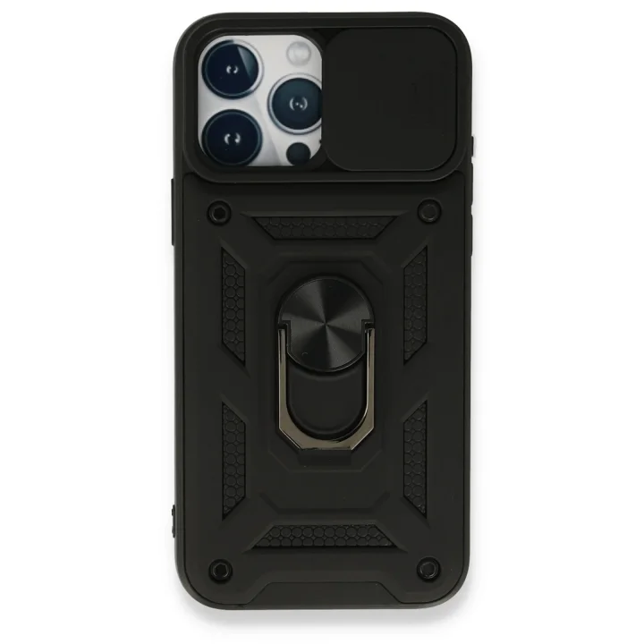 Mey İthalat®   iPhone 15 Pro Max Kılıf Pars Lens Yüzüklü Silikon - Siyah