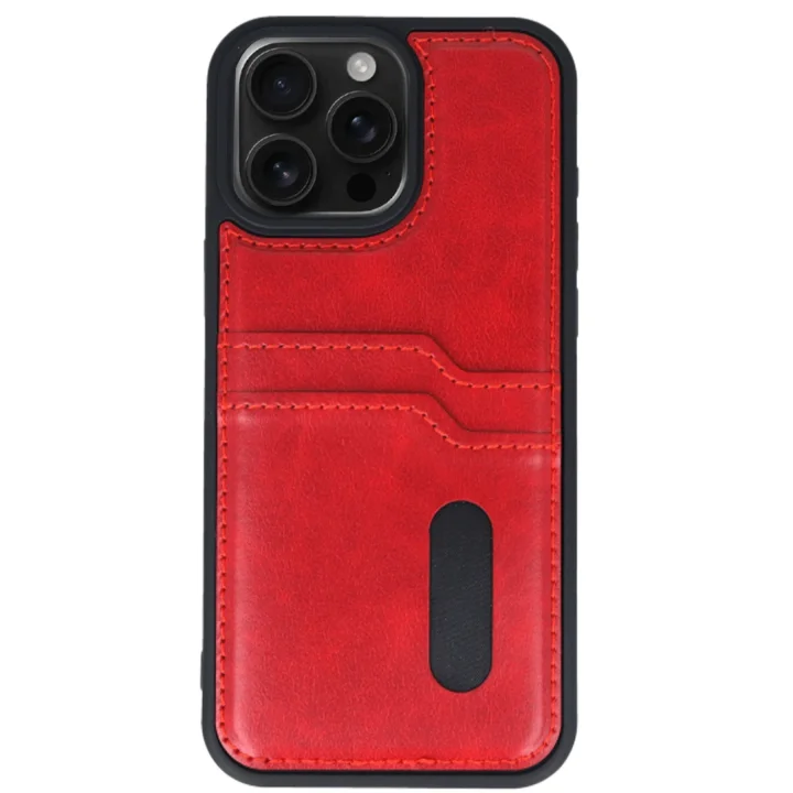 Mey İthalat®  iPhone 15 Pro Max Kılıf Sara Kartvizitli Deri Kılıf - Kırmızı
