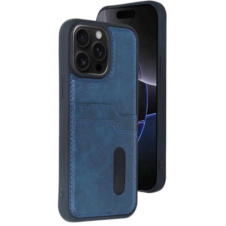 Mey İthalat®  iPhone 15 Pro Max Kılıf Sara Kartvizitli Deri Kılıf - Lacivert