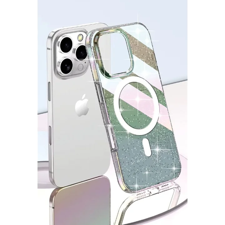 Mey İthalat®  iPhone 15 Pro Max Rasasi Simli Magsafe Kapak - Şeffaf