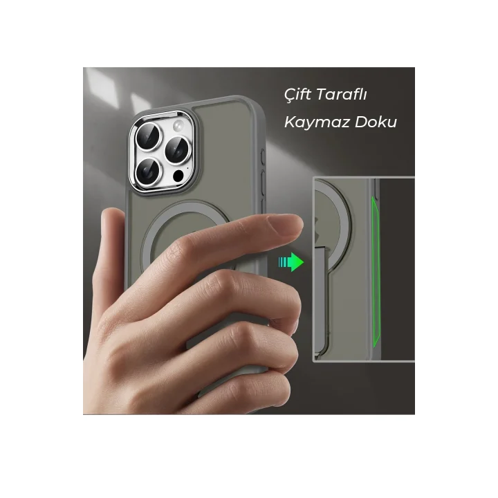Mey İthalat®   iPhone 15 Pro Tork Magsafe Standlı Kapak - Lila