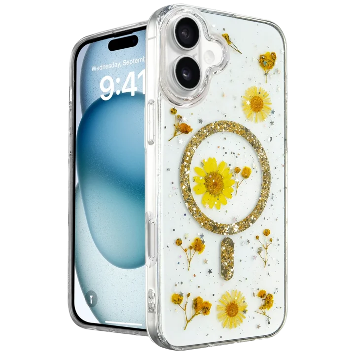 Mey İthalat®  iPhone 16 Kılıf Daisy Simli Magsafe Kapak - Gold