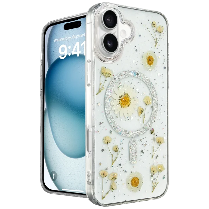 Mey İthalat®  iPhone 16 Kılıf Daisy Simli Magsafe Kapak - Gümüş