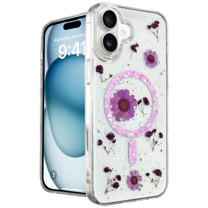 Mey İthalat®  iPhone 16 Kılıf Daisy Simli Magsafe Kapak - Mor
