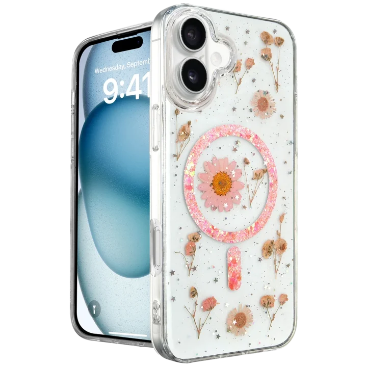 Mey İthalat®  iPhone 16 Kılıf Daisy Simli Magsafe Kapak - Pembe