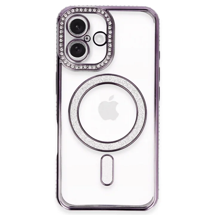 Mey İthalat®   iPhone 16 Kılıf Joke Simli Magneticsafe Kılıf - Derin Mor