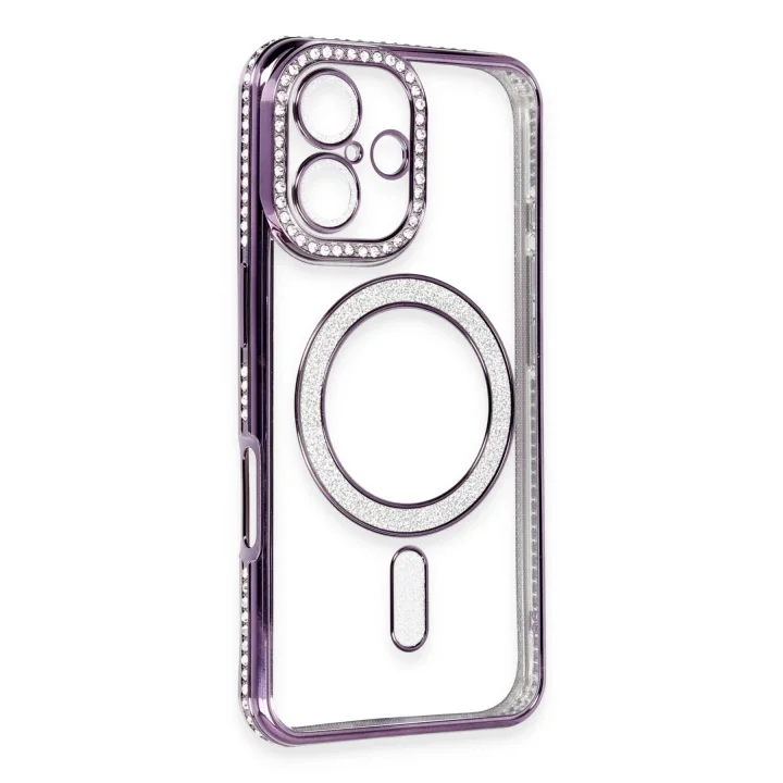 Mey İthalat®   iPhone 16 Kılıf Joke Simli Magneticsafe Kılıf - Derin Mor