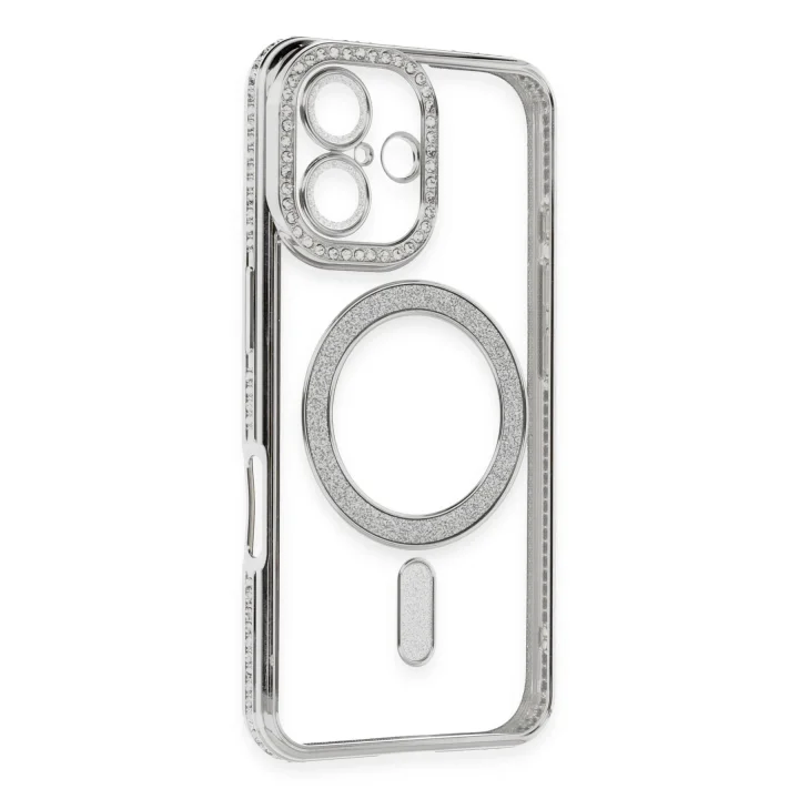 Mey İthalat®   iPhone 16 Kılıf Joke Simli Magneticsafe Kılıf - Gümüş