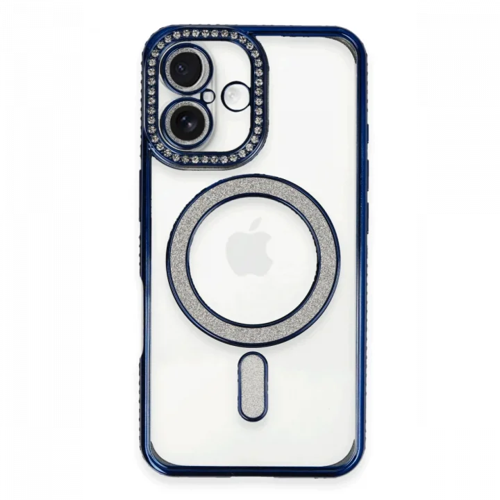 Mey İthalat®   iPhone 16 Kılıf Joke Simli Magneticsafe Kılıf - Lacivert