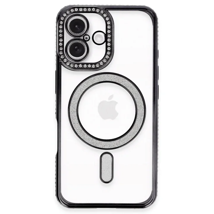 Mey İthalat®   iPhone 16 Kılıf Joke Simli Magneticsafe Kılıf - Siyah