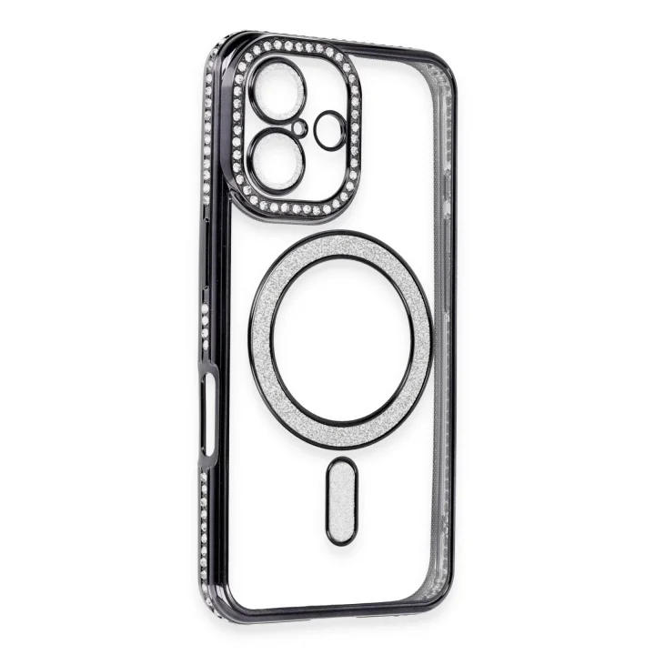 Mey İthalat®   iPhone 16 Kılıf Joke Simli Magneticsafe Kılıf - Siyah