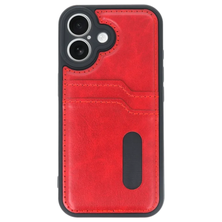 Mey İthalat®   iPhone 16 Kılıf Sara Kartvizitli Deri Kılıf - Kırmızı