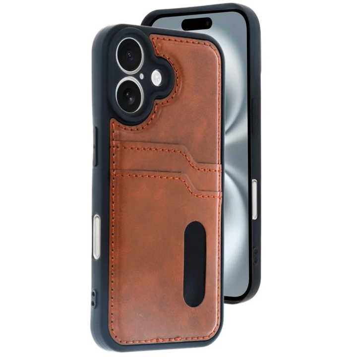 Mey İthalat®   iPhone 16 Kılıf Sara Kartvizitli Deri Kılıf - Taba