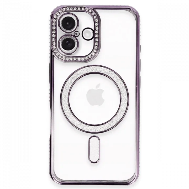 Mey İthalat®   iPhone 16 Plus Kılıf Joke Simli Magneticsafe Kılıf - Derin Mor