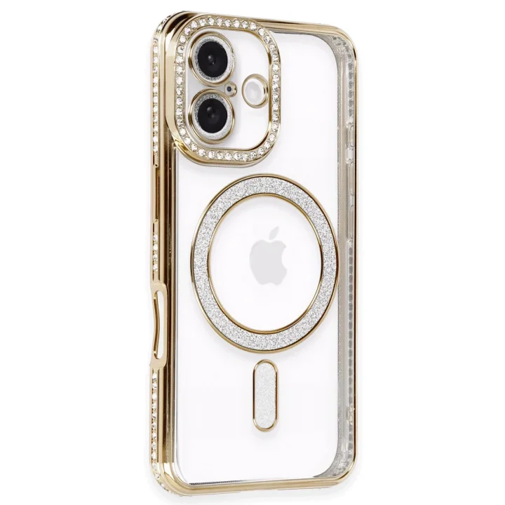 Mey İthalat®  iPhone 16 Plus Kılıf Joke Simli Magneticsafe Kılıf - Gold
