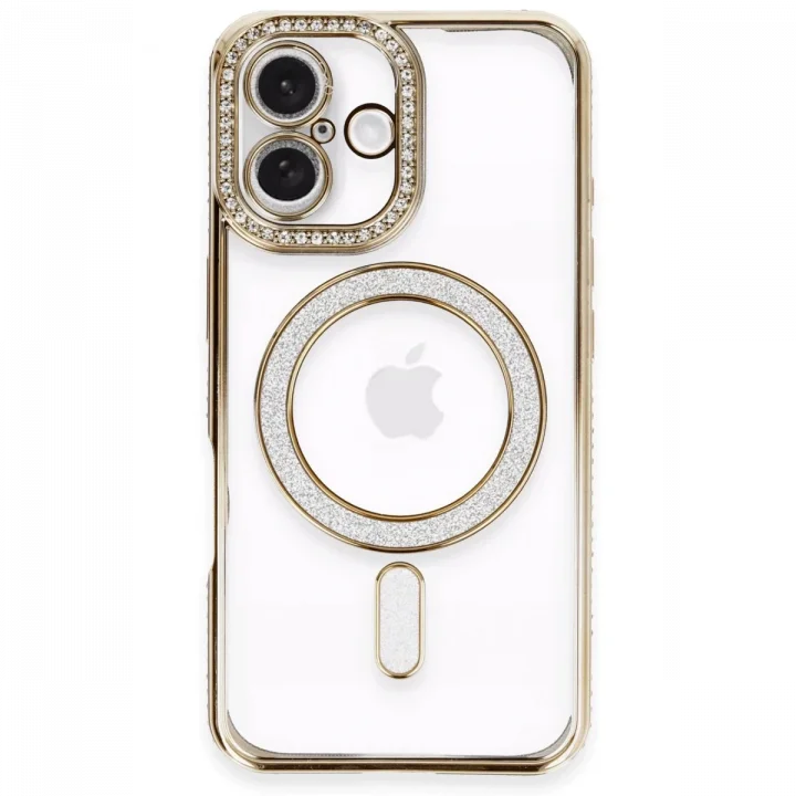 Mey İthalat®  iPhone 16 Plus Kılıf Joke Simli Magneticsafe Kılıf - Gold