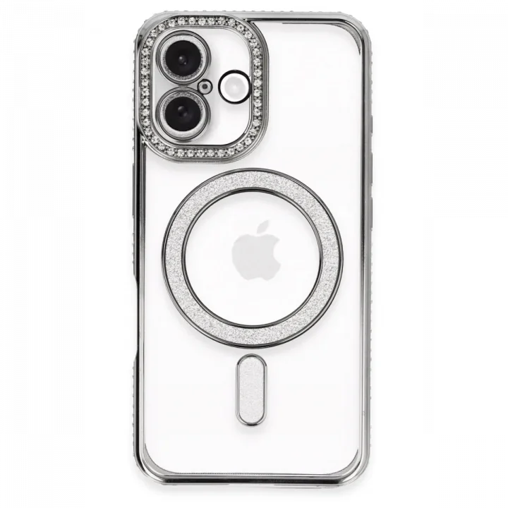 Mey İthalat®   iPhone 16 Plus Kılıf Joke Simli Magneticsafe Kılıf - Gri