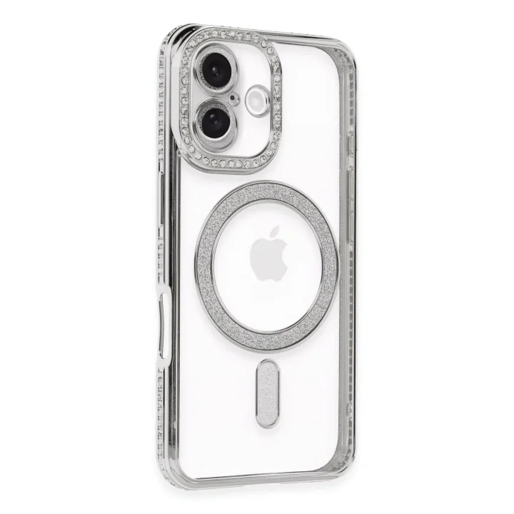 Mey İthalat®   iPhone 16 Plus Kılıf Joke Simli Magneticsafe Kılıf - Gümüş