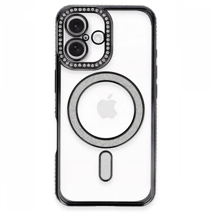 Mey İthalat®   iPhone 16 Plus Kılıf Joke Simli Magneticsafe Kılıf - Siyah