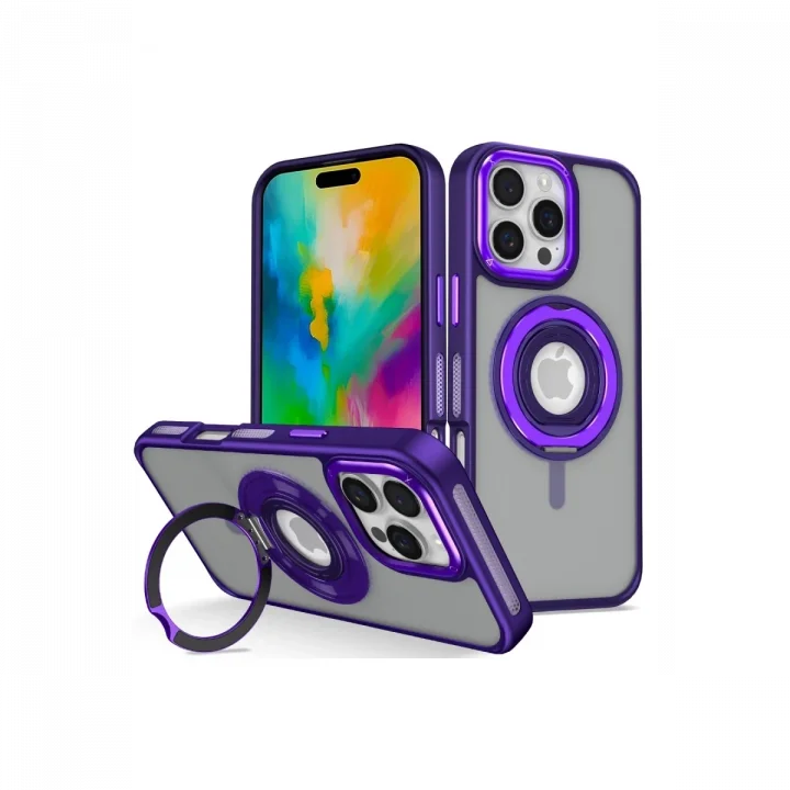 Mey İthalat®  iPhone 16 Pro Banza Magsafe Standlı Kapak - Derin Mor