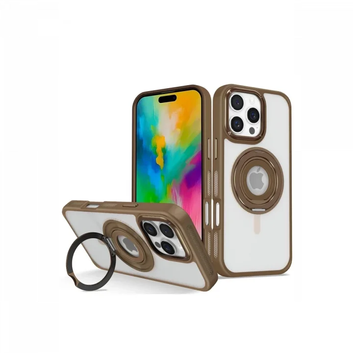 Mey İthalat®  iPhone 16 Pro Banza Magsafe Standlı Kapak - Kahverengi