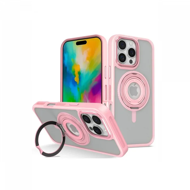 Mey İthalat®  iPhone 16 Pro Banza Magsafe Standlı Kapak - Pembe