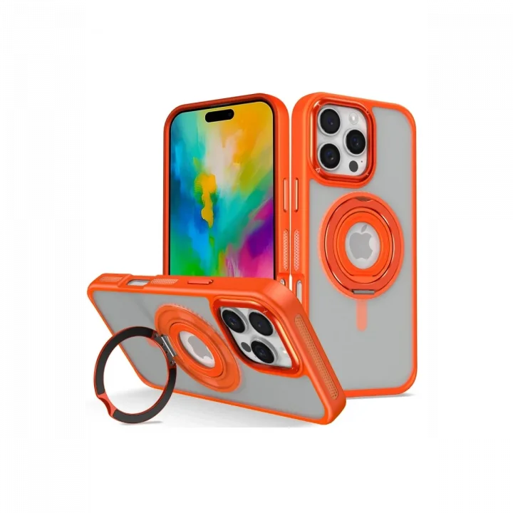 Mey İthalat®  iPhone 16 Pro Banza Magsafe Standlı Kapak - Turuncu