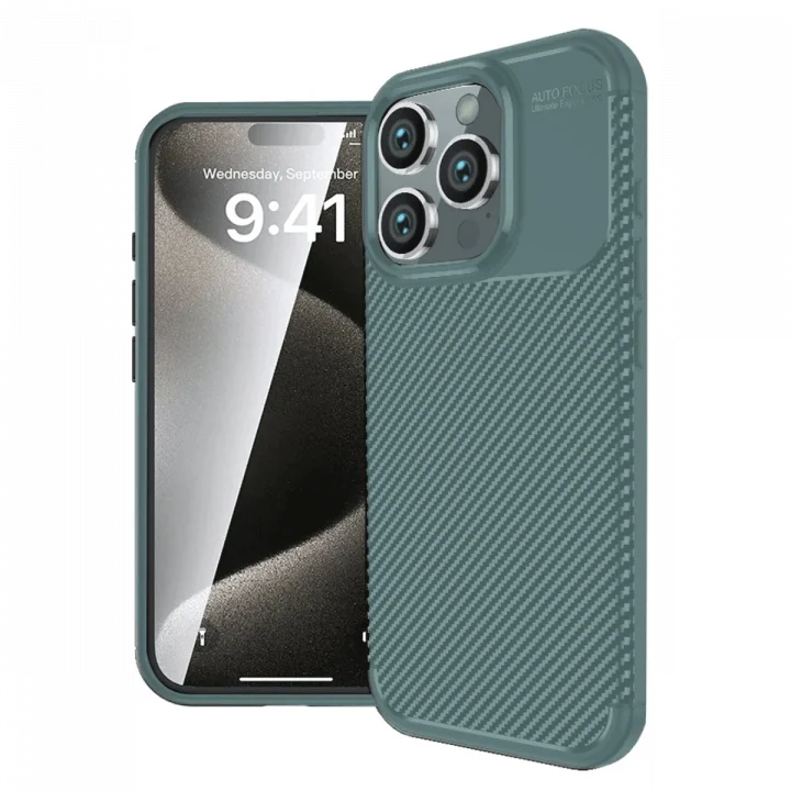 Mey İthalat®   iPhone 16 Pro Kılıf Auto Focus Karbon Kapak - Koyu Yeşil