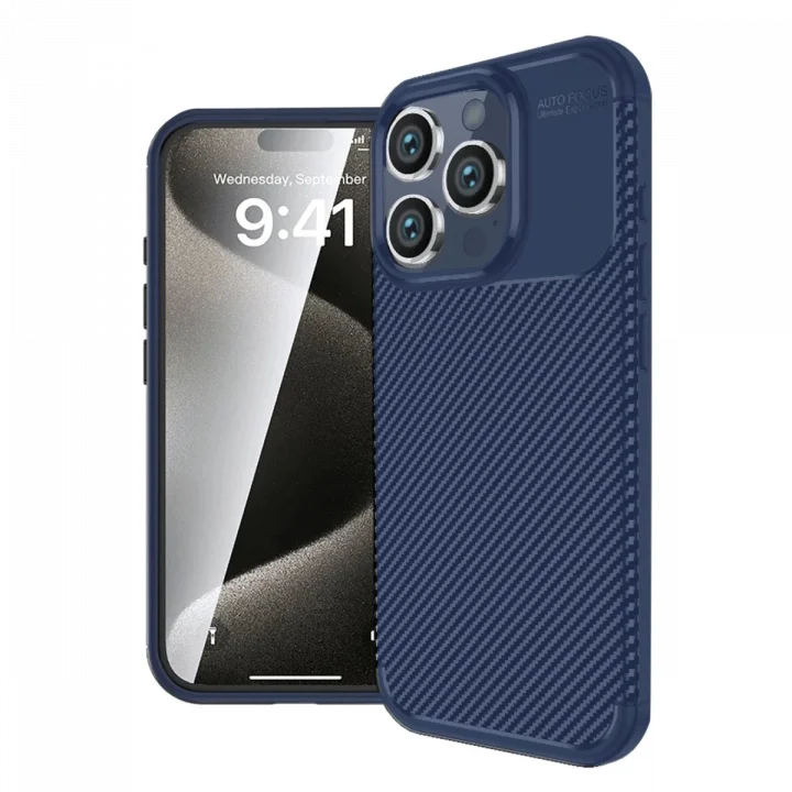 Mey İthalat®   iPhone 16 Pro Kılıf Auto Focus Karbon Kapak - Lacivert