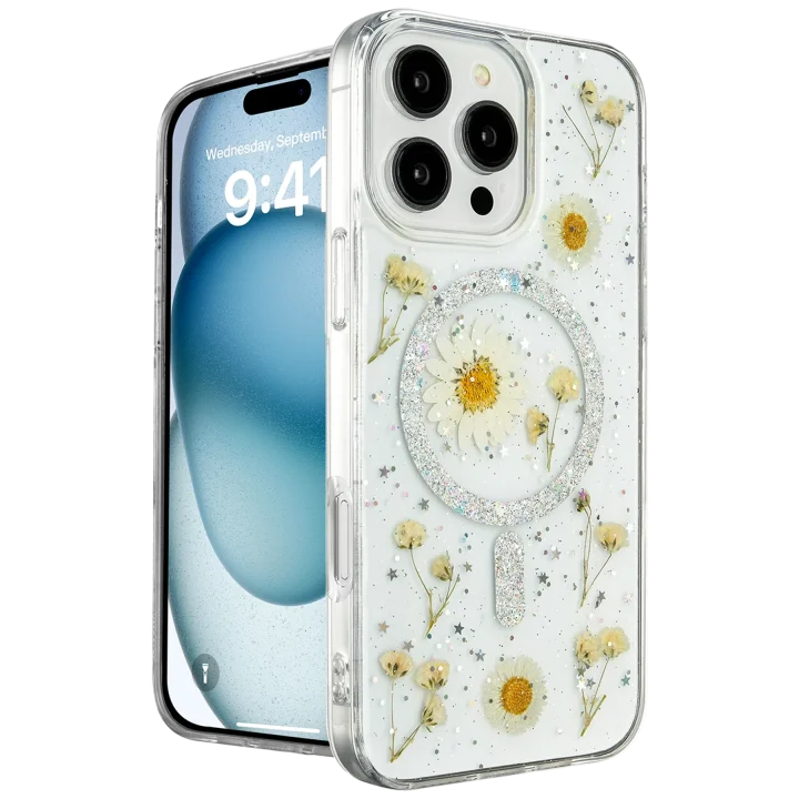 Mey İthalat®   iPhone 16 Pro Kılıf Daisy Simli Magsafe Kapak - Gümüş