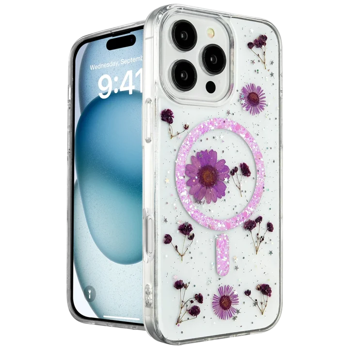 Mey İthalat®   iPhone 16 Pro Kılıf Daisy Simli Magsafe Kapak - Mor