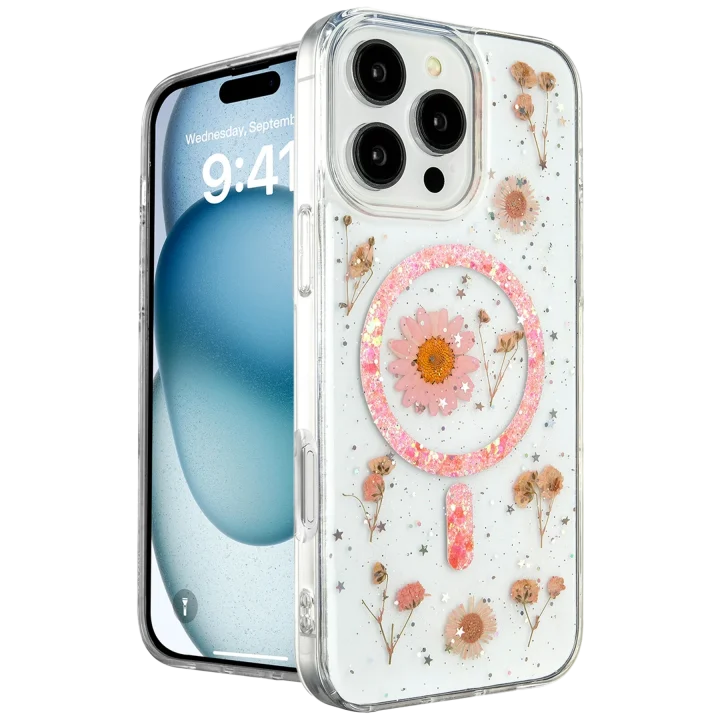 Mey İthalat®   iPhone 16 Pro Kılıf Daisy Simli Magsafe Kapak - Pembe